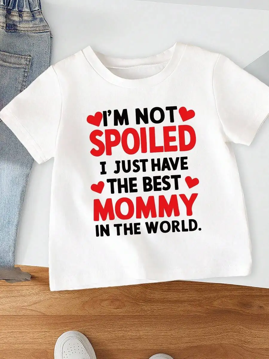 

Kids White Graphic Tee with Heart Accent Print, Casual Round Neck Short Sleeve