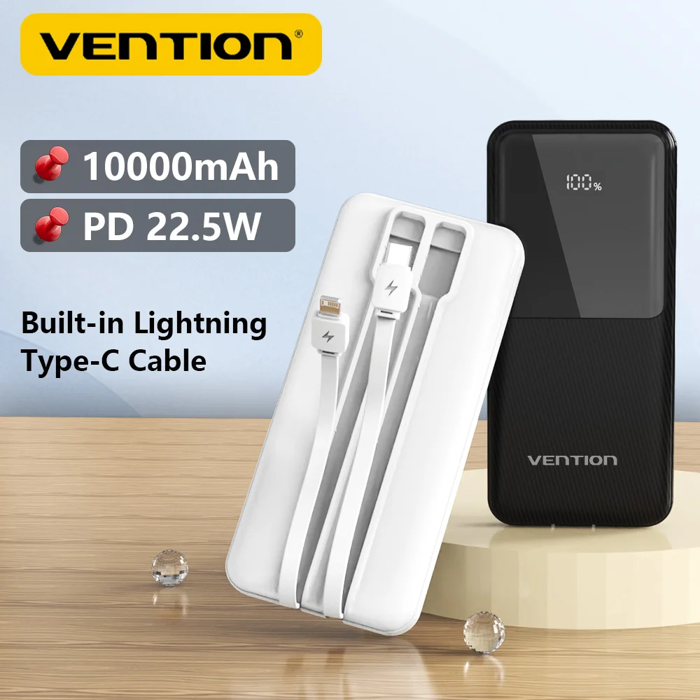 

Vention 10000mAh Power Bank Portable Powerbanks Two-way Super Fast Charging External Battery Built-in Cables for iPhone Samsung