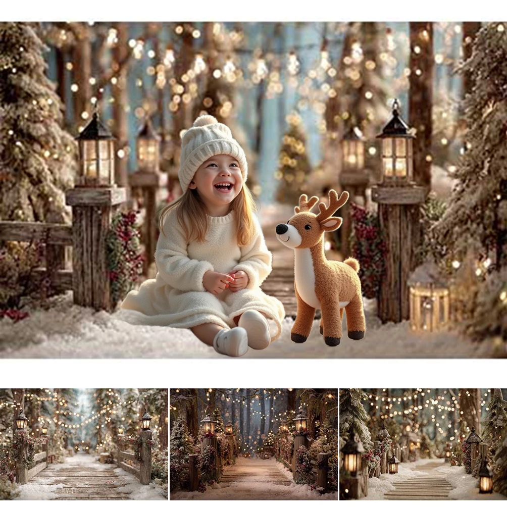 

MOON.QG Christmas Wood Bridge Path Forest Light Backdrop Photography Background Party Decoration New Year Photozone Photo Studio