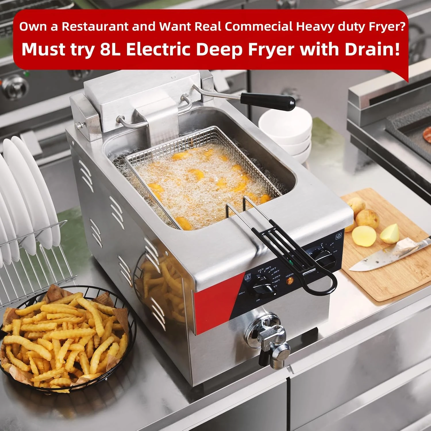 8L Countertop Electric Deep Fryer with Draining Valve,Solid Basket and Lid for Restaurant Use 120V