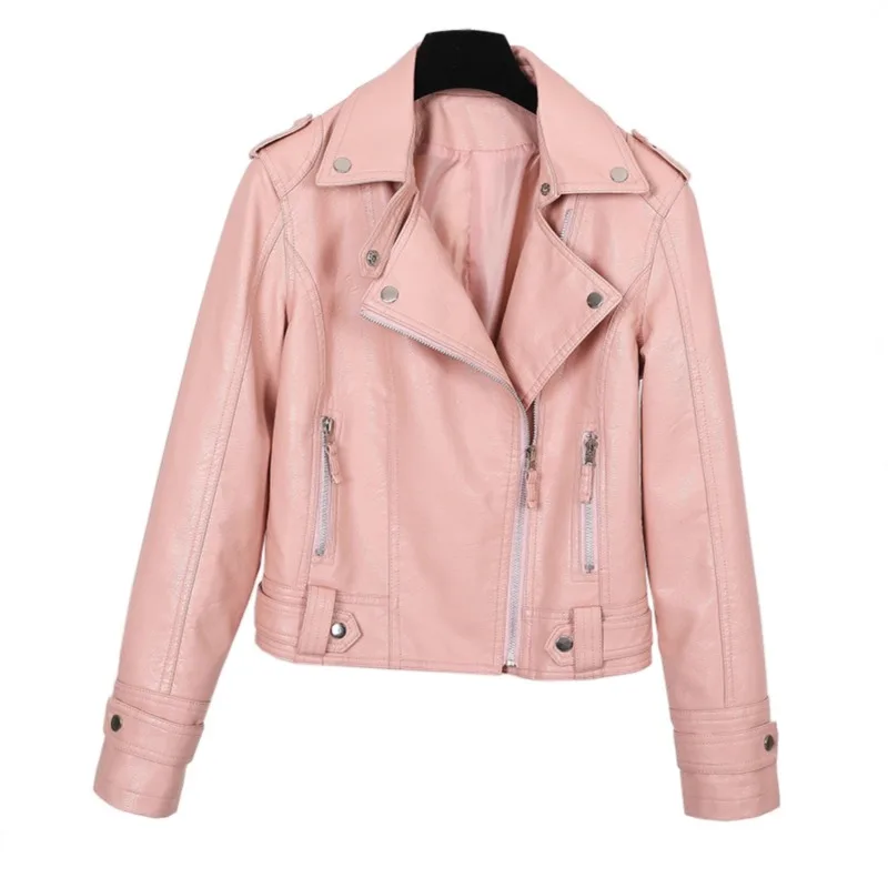 新しいピンク/ベージュ/黒の女性の服ショートオートバイ PU レザージャケット秋 JAdd 綿コートラペルジップショート女性ジャケット
