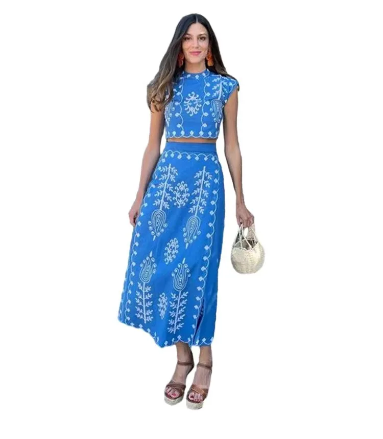 

2024 Summer Vacation Set - Off-Shoulder Print Top & Straight Maxi Skirt, Casual Resort Two Piece Outfit f196