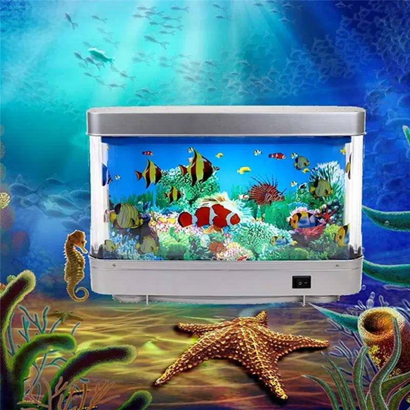 【Ship Within Dynamic Virtual Ocean LED Fish Tank Lamp Dolphin Artificial Tropical Landscape Aquarium Night Light Decoration US P