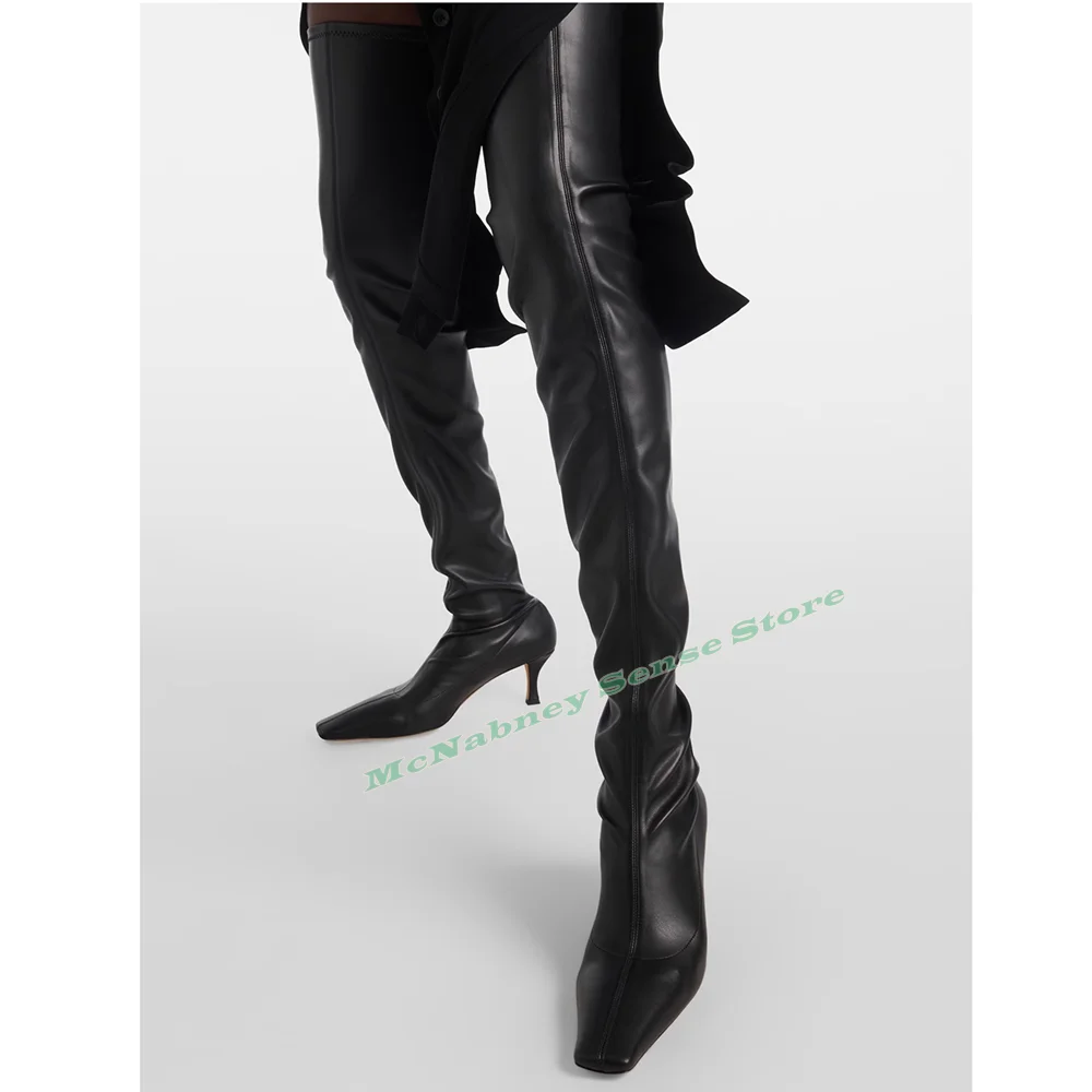 Square Toe Thin Boots Elastic Fitted Thigh High Boots Solid Leather Thin Med Heels Women Sexy Designer Party Shoes Big Size New