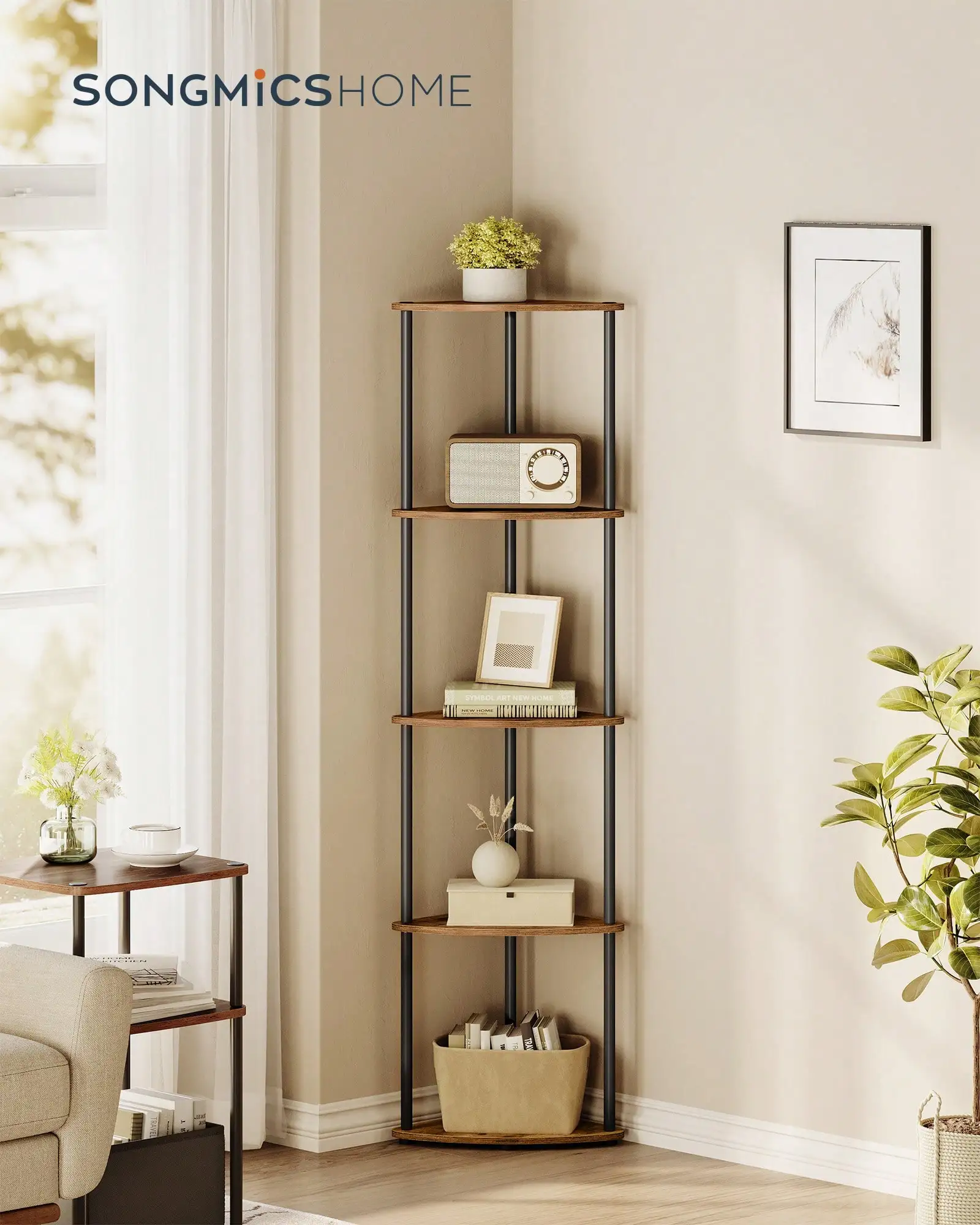 Superfast Toolless Assembly, Corner Shelf, 5-Tier Corner Standing Shelf, Corner Shelf Stand, Living Room, Bedroom