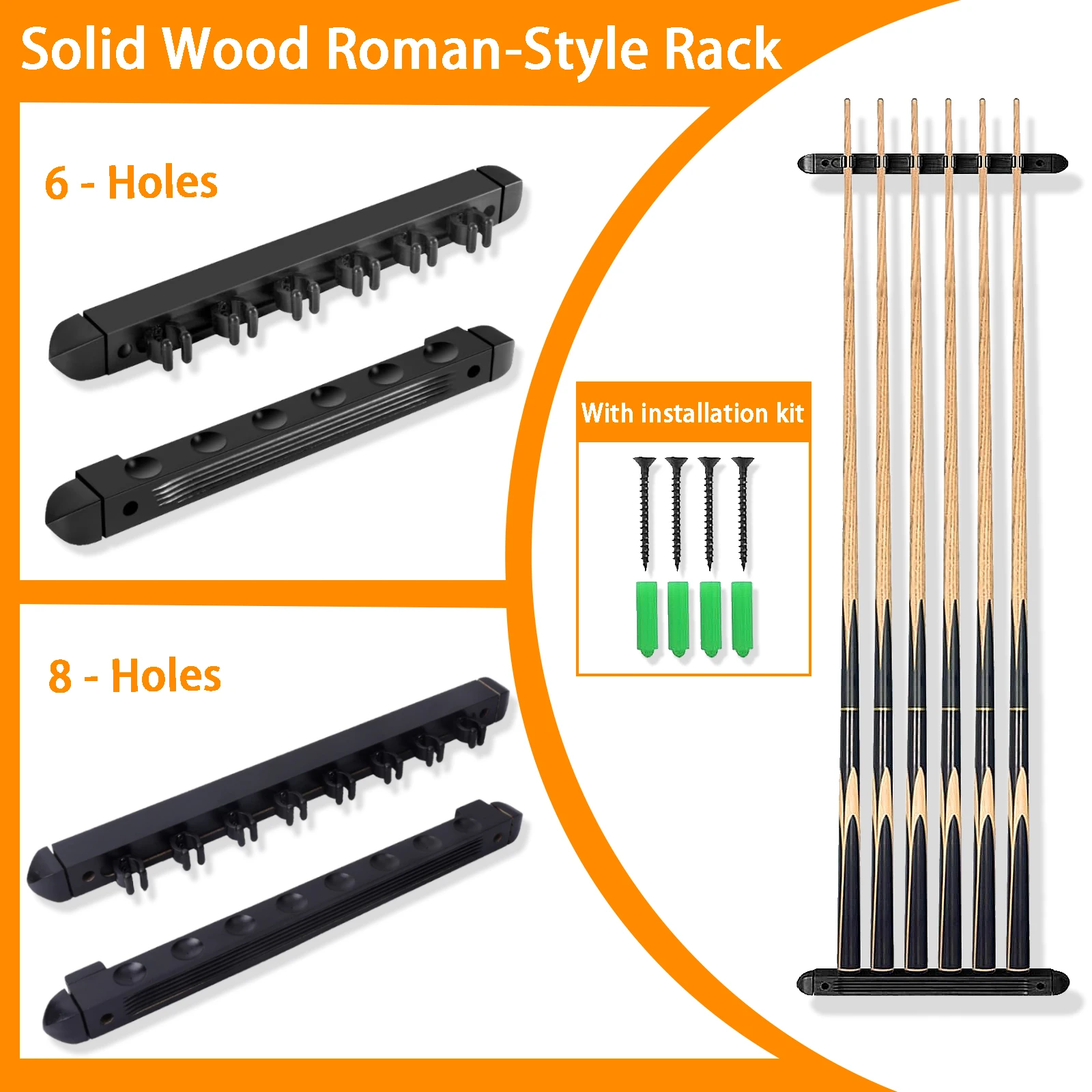 

6/8-hole Roman Billiard Cue Rack, Solid Wood Material, Wall-mounted (Space-saving), Easy to Install
