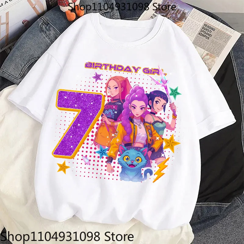 Cute Hunter Theme Girls T-Shirt Kids Music Fan Cartoon Print Birthday Tee Summer Casual Top Kawaii Gift for Kids Clothing