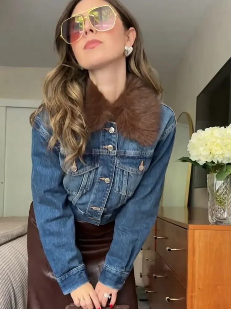 

HH модная элегантная женская джинсовая куртка с воротником из искусственного меха, винтажные куртки с длинными рукавами и карманами, женские уличные пальто