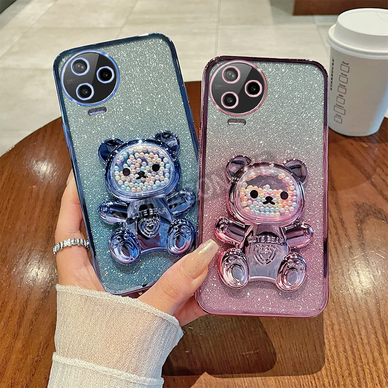 For Infinix Note 12 2023 Case Soft Silicone Bling Shockproof Electroplated TPU Cell Phone Casing For X676C Back Cover Bear Stand