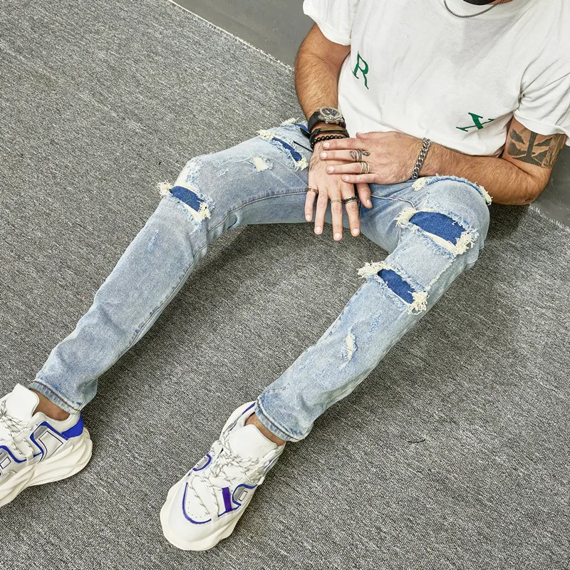 2023 Herfst Nieuwe Heren Holes Casual Skinny Jeans Broek Streetwear Mannelijke Stijlvolle Gescheurde Effen Hiphop Slim Jogging Denim Broek