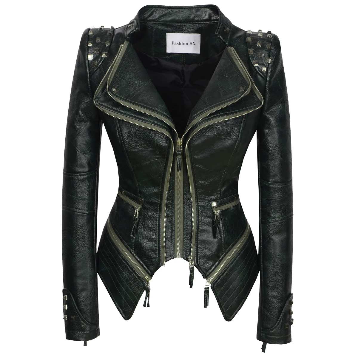 SX Women's synthetic leather PU slim fitting jacket punk rivet motorcycle bicycle jacket