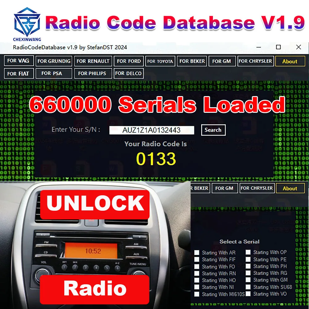 Car Radio Unlock Code Radio Code Database V1.9 Calulator 660000 Serials Loaded For VAG For PSA For Toyota For Ford For GM