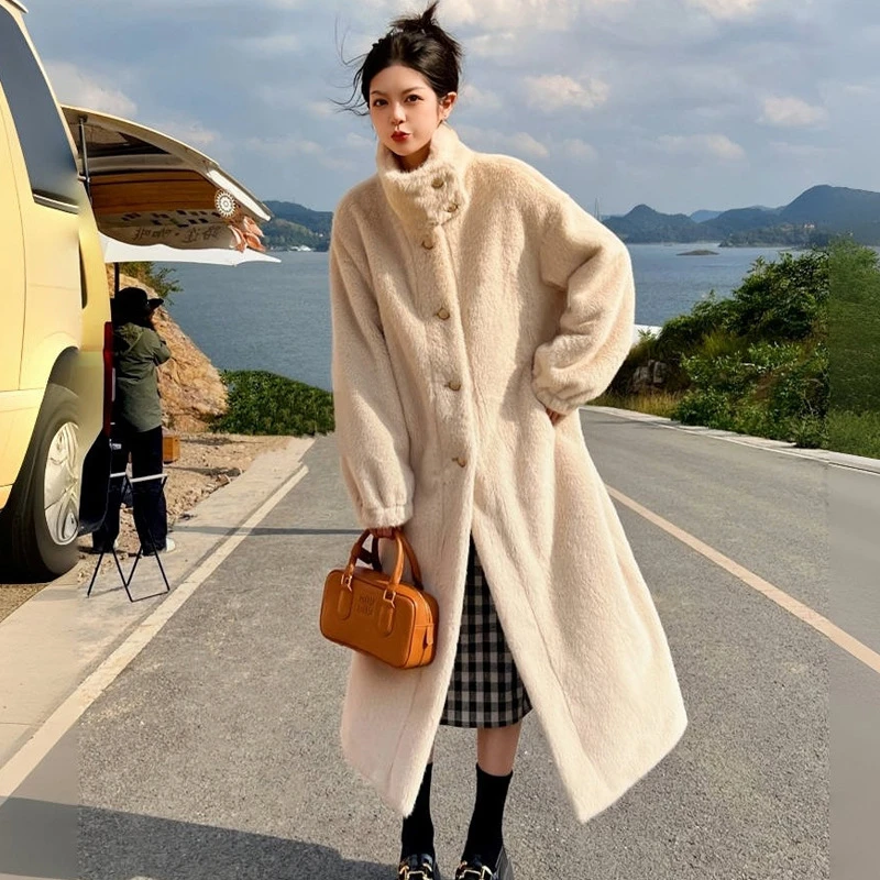 New European American Station Temperament Casual Winter Friendly Fur Coat Women's Knee High Mid Length Thick Coat Trend