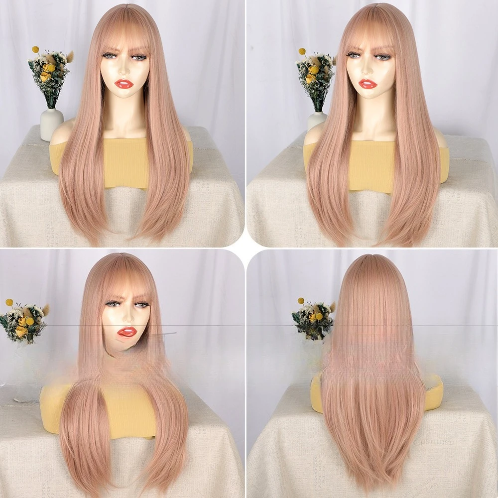 女性のファッションロングストレートヘア合成かつら自然に通気性のある高温シルク化学繊維ヘッドギア