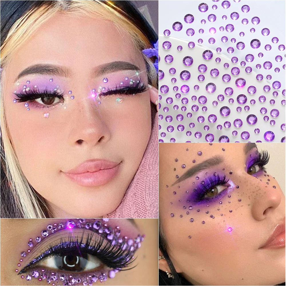 1pcs Face Gems Tattoos Stickers Sexy Seductive Purple Rhinestone Multiple Sizes Semi-circular Y2K Self-adhesive For Makeup Decor
