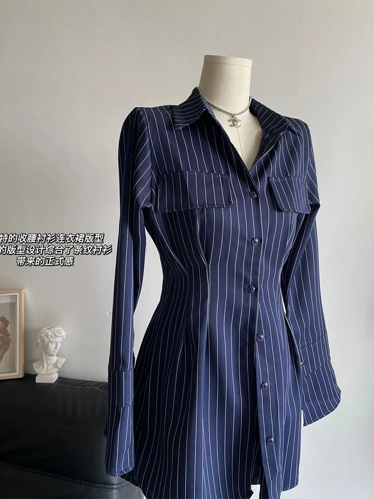 Summer Women Korean Fashion Office Lady Outfits 2 Piece Long Sleeve Striped Shirt Dress Set Single-breasted Tunic Slim Vintage