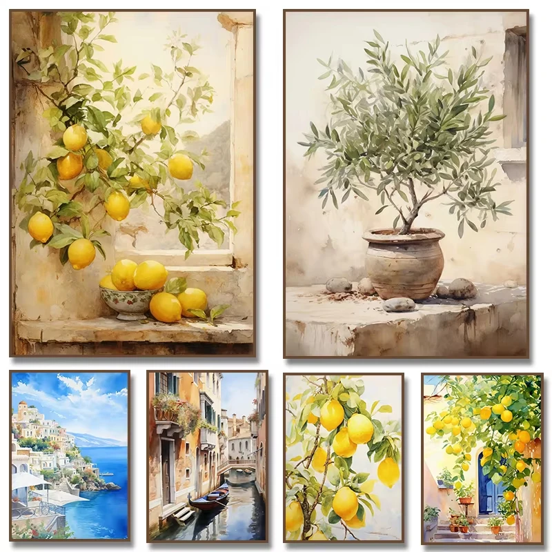 Póster de paisaje de grécia mediterránea Retro, árbol de olivo y limón italiano, pintura en lienzo, imágenes artísticas de pared, decoración Interior del hogar