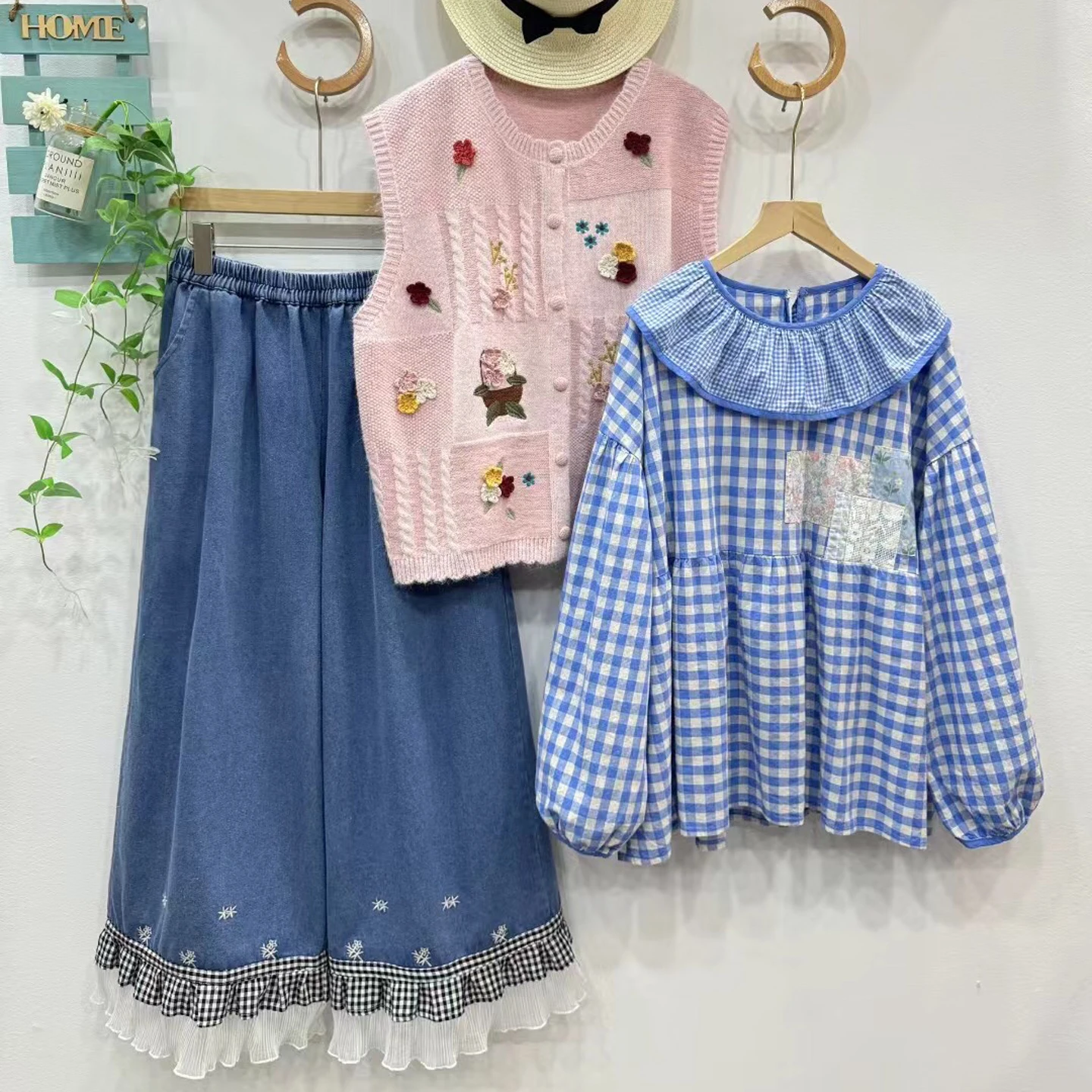 Colletto per bambola da ragazza carina lungo Sve irt Top da donna in cotone casual con vestibilità ampia scozzese floreale vintage giapponese