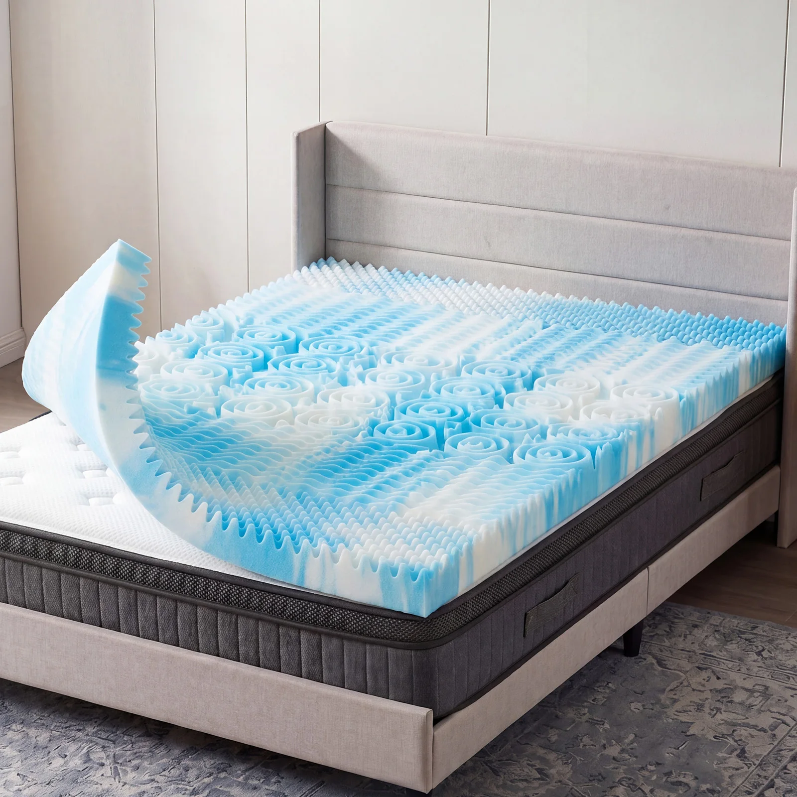 MCQ 3 Inch 5-Zone Memory Foam Mattress Topper Breathable Cooling Gel Infused Pressu Gel Cooling Mattress Soft Bed Topper