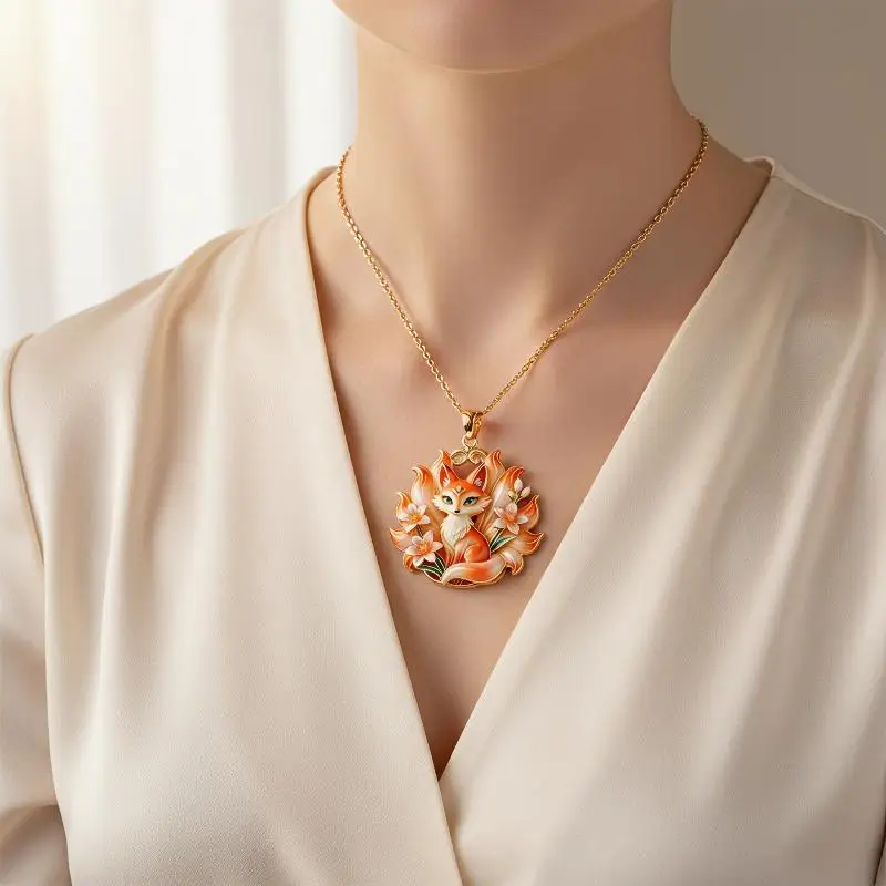 Nine-tailed Fox Enamel Pendant Necklace Traditional Chinese Mythology Design Fashion Jewelry for Women Christmas Gift