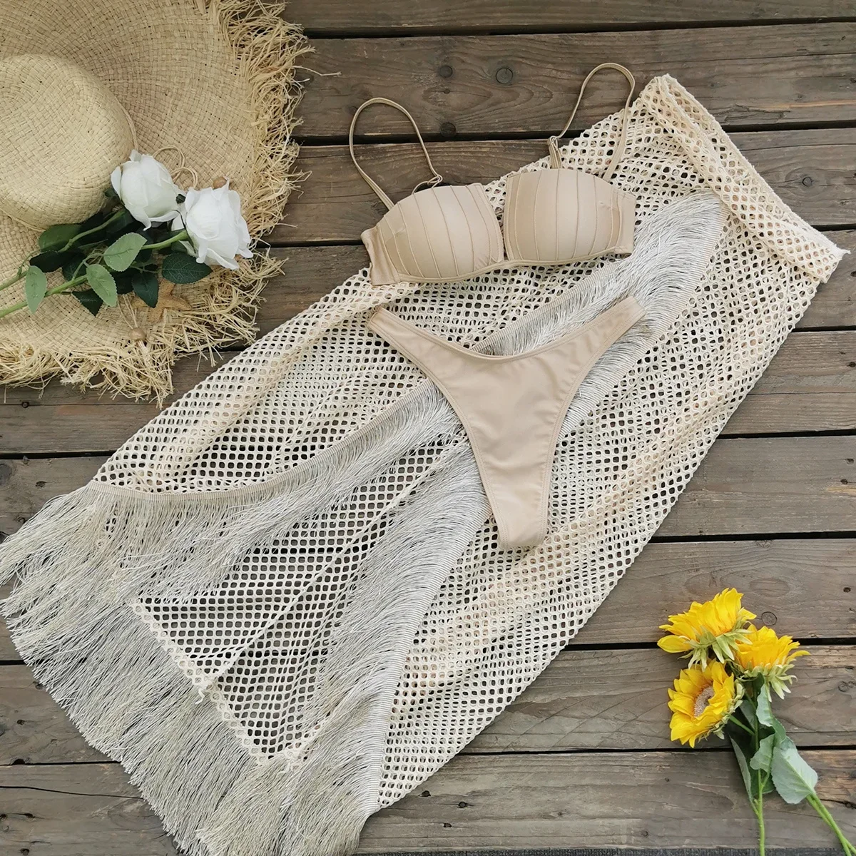 

2025 Sexy Gold Bikini Top with Fringe Mesh Skirt - Adjustable Straps and Stylish Look, Perfect for Beach Wear and Pool Parties