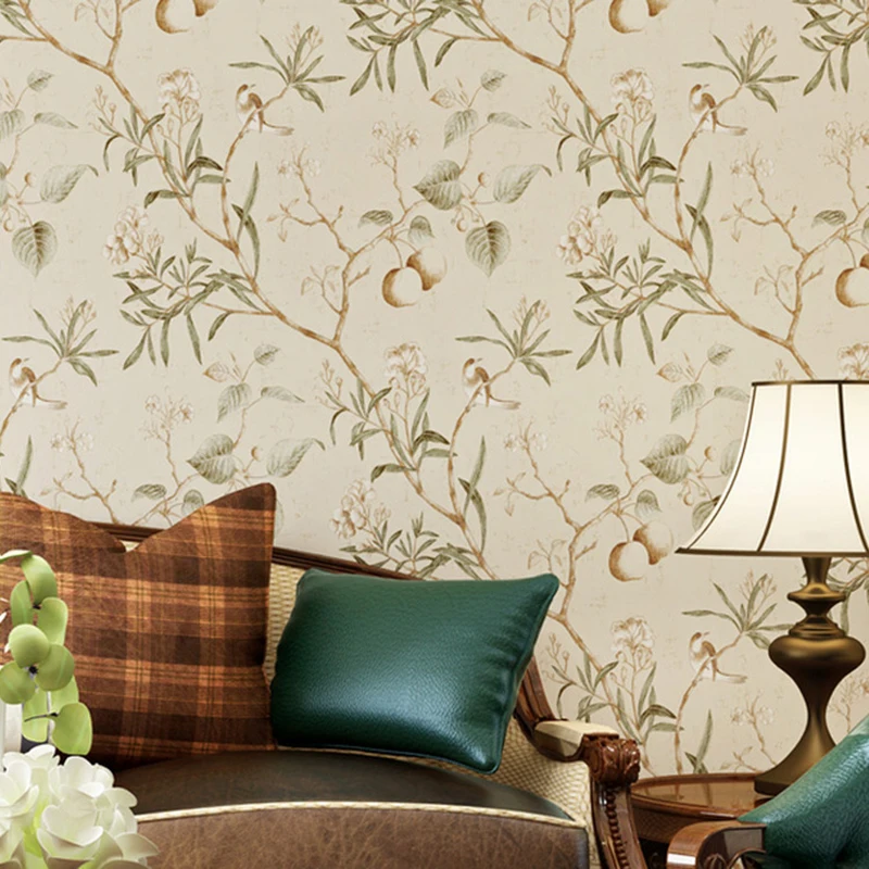 Antique Flower Bird Pattern Wallpaper Apple Tree Bedroom Living Room Wallpaper Non Woven Rural Wallpaper Printed Wallpaper