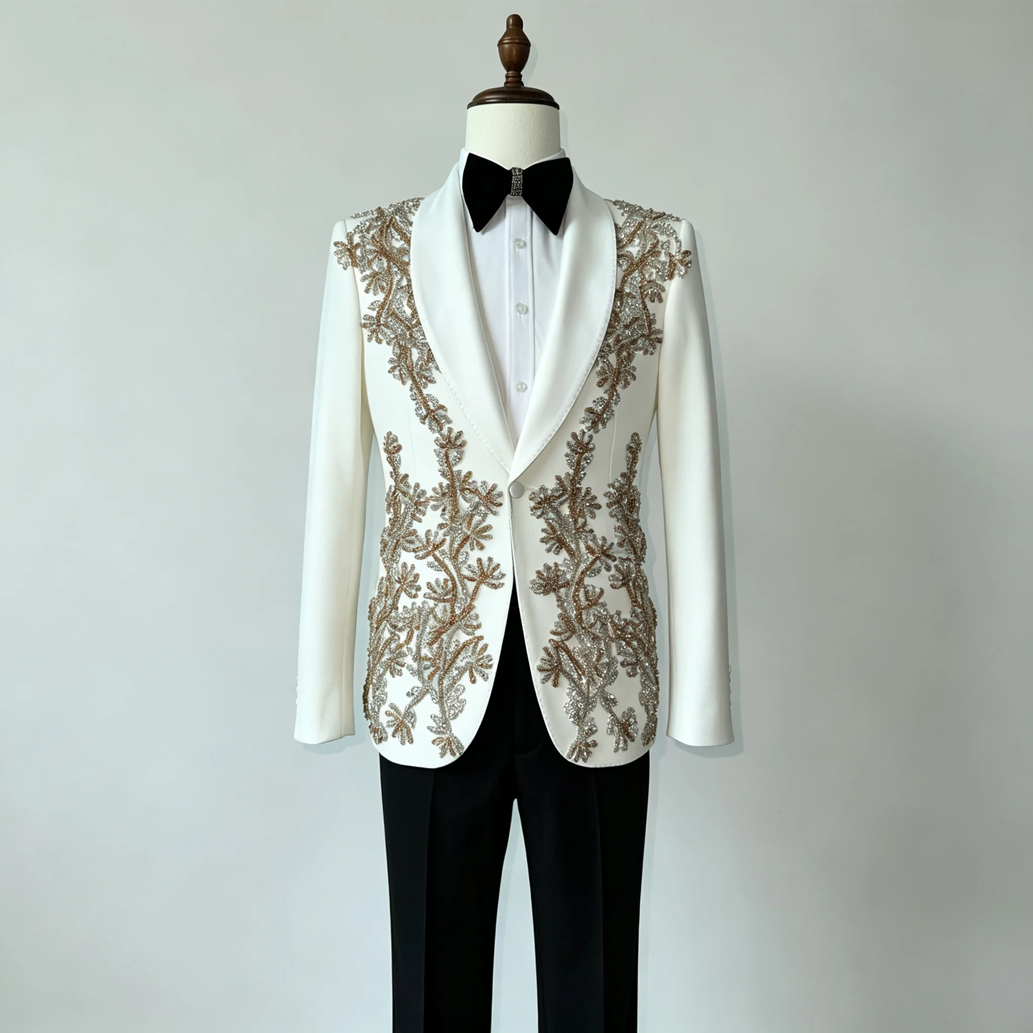 Handmade Men's Suit For Wedding Luxury Crystals Beading Jacket Pants 2 Piece Sets Plus Size Shawl Lapel Single Breasted Tuxedo