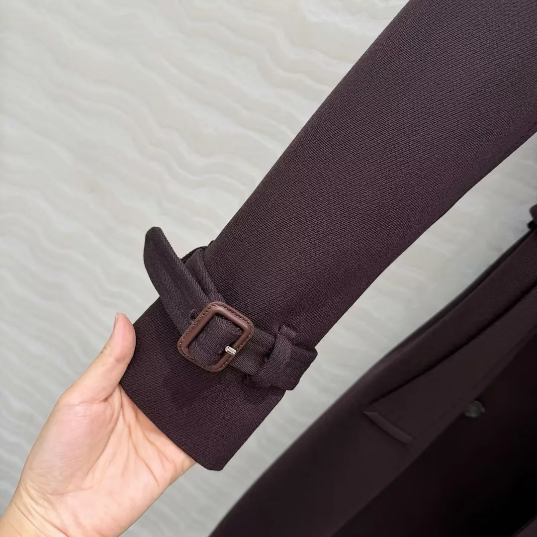 Nuovo autunno inverno marrone trench di lana pettinata donna bavero manica lunga doppio petto cintura sottile soprabito lungo retrò alla moda