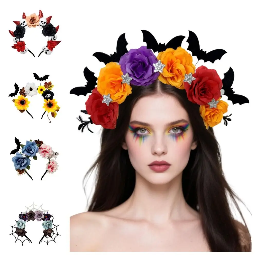

Exaggerated Skull Head Headband Simulation Bat Colorful Halloween Hair Hoop Funny Halloween Decor Gothic Flower Hairband