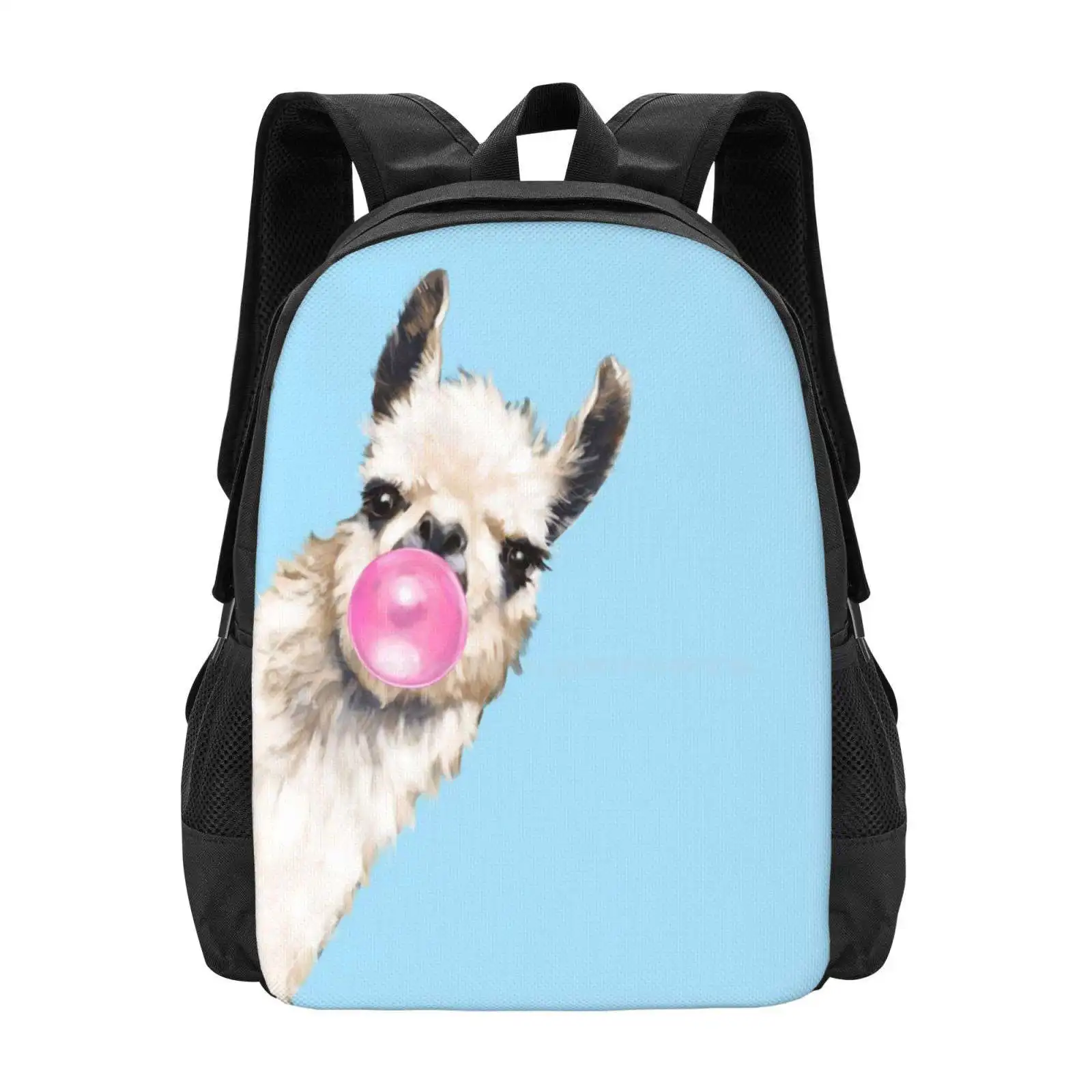 Bubble Gum Sneaky Llama In Blue 3D Print Design Backpack Student Bag Cute Adorable Memes Chewing Gum Bubble Pink Alpaca Animals