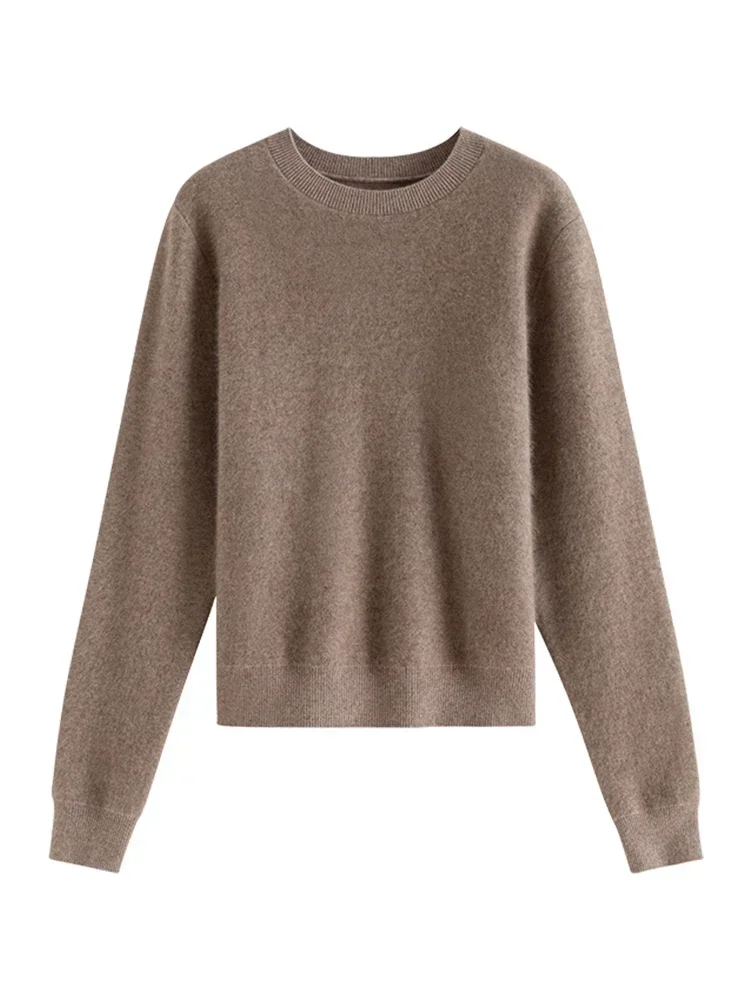 FSLE 9.5% Wool Women Warm Velvety Pullover Knitted Sweater Tea Brown Temperament Round Neck Winter Women Short Sweaters