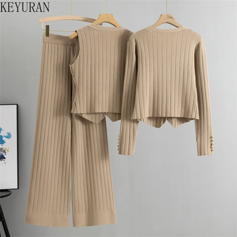 Autumn Knitted 3 Piece Sets Women\'s Clothes Elegant V-neck Metal Button Short Knit Sweater Cardigan + Vest + Wide Leg Pants Suit