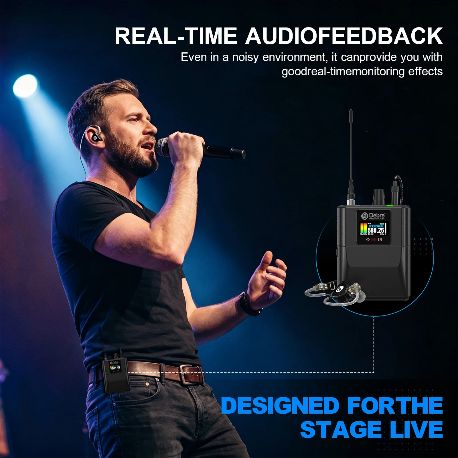 Debra New RC-EM1 UHF Stereo Wireless In-Ear Monitoring System, arbeitet im Frequenzbereich 565–590 MHz, entwickelt für Bands und Live-Übertragungen. – Detail 11