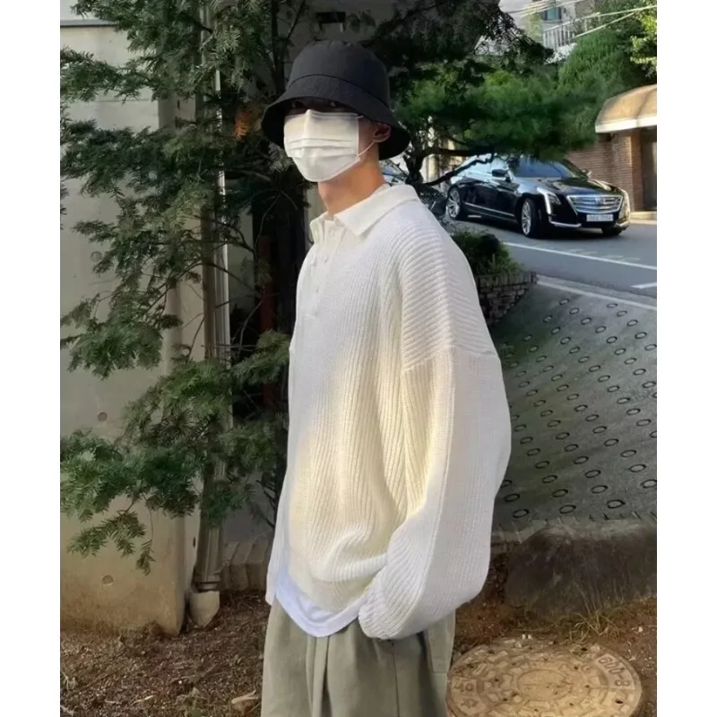 قميص بولو محبوك بأكمام طويلة للرجال فضفاض ملابس خارجية شتوية غير رسمية نمط كسول سترة رجالية عصرية للخريف والشتاء #5