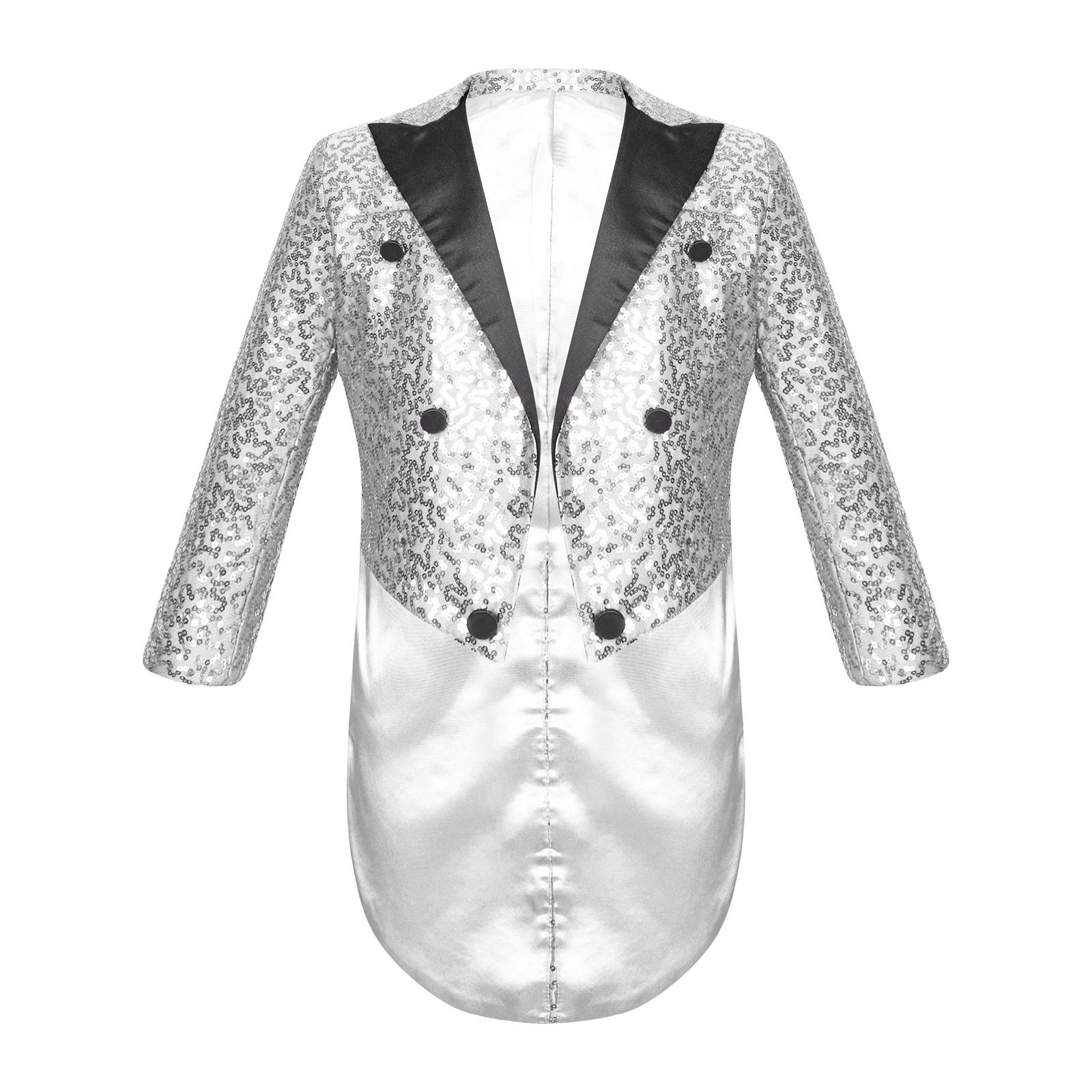 Kids Boys Full Sequin Tailcoat Satin Peaked Lapel Open Front Long Sleeve Blazer for Magic Shows Stage Performance