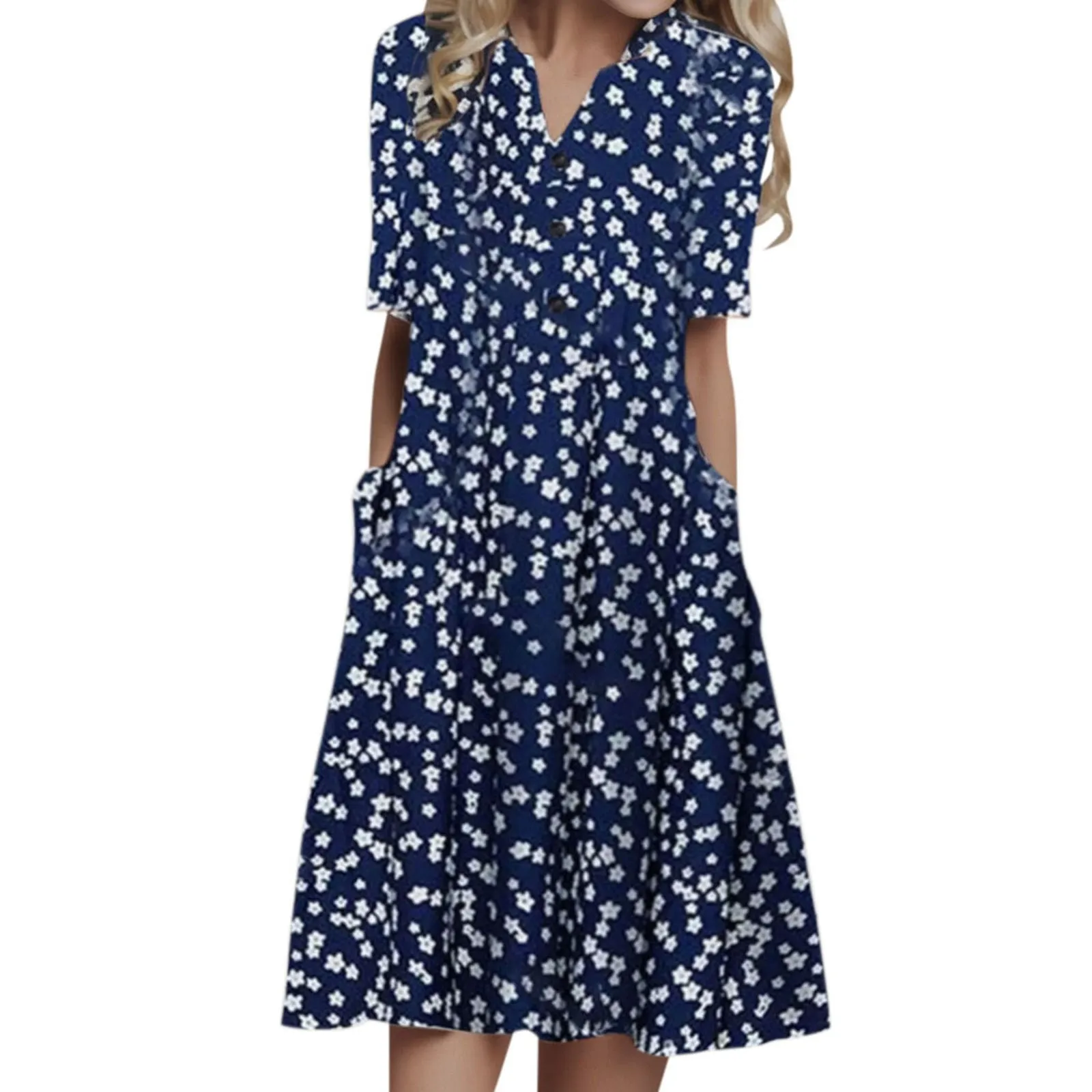 Women\'s Fashion Short Sleeve Casual Dress Summer Pullover Floral Print V Neck Midi Dress Loose Plus Size Female Clothes Sundress