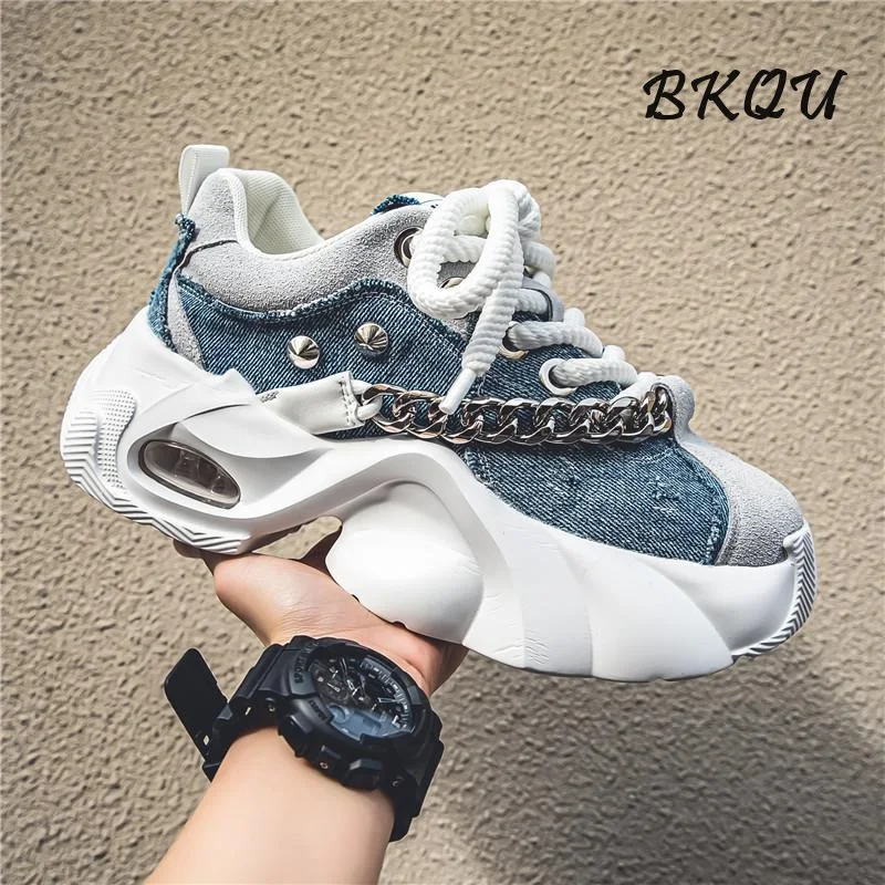 BKQU 2024 new canvas thick sole four seasons sports fashion daddy shoes men's chain decoration breathable and comfortable