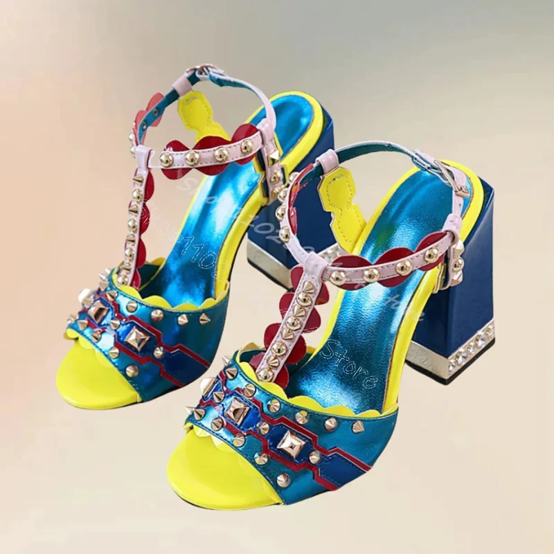 

Gold Rivets Mixed Color Glitter Open Toe Sandals Buckle Strap Women Shoes Chunky High Heels Party Feast 2026 Zapatos Para Mujere