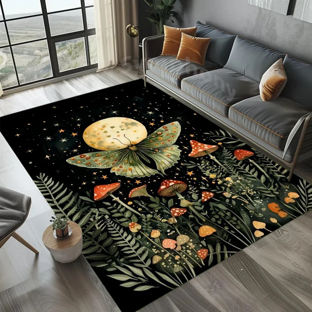 Red Mushroom Butterfly Carpet Starry Moon Rug Mat Home Decoration Mystic Night Pattern Non-Slip Soft Floor Mat for Living Room