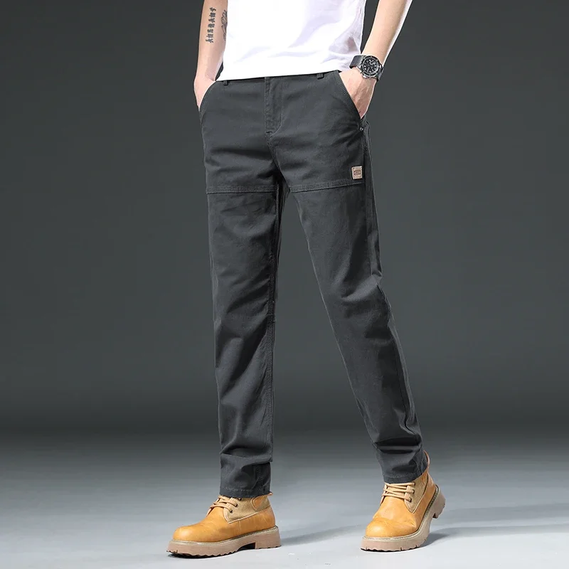 97%Cotton Spring Autumn Men\'s Cargo Pants Slim Korean Casual Straight Trousers Male Solid Color Gray Khaki Brand Clothing