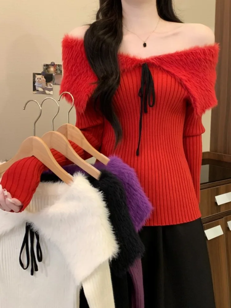 Afslankende paarse trui Damesmode met blote schouder en splitsontwerp Winter Nieuwe Sle Mooie kleine top Ciwalk Wollen