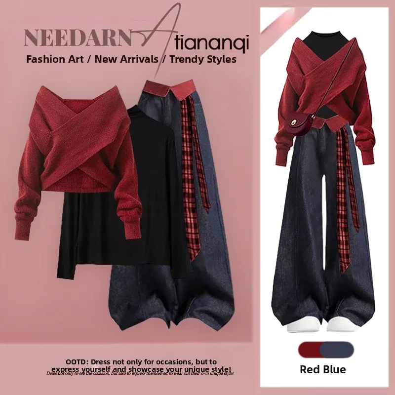 

Anti-Aging Autumn Set Women's Loose Slimming Knitted Cross Sweater Top High Waist Jeans Tee Piece Set Faionable Layering