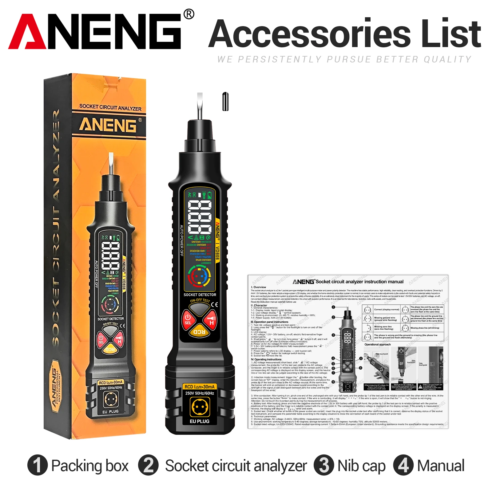 For Test Equipment ANENG VD808 Circuit Breaker Analyzer US Power Polarity Checker Voltage Tester Pen Socket Phase