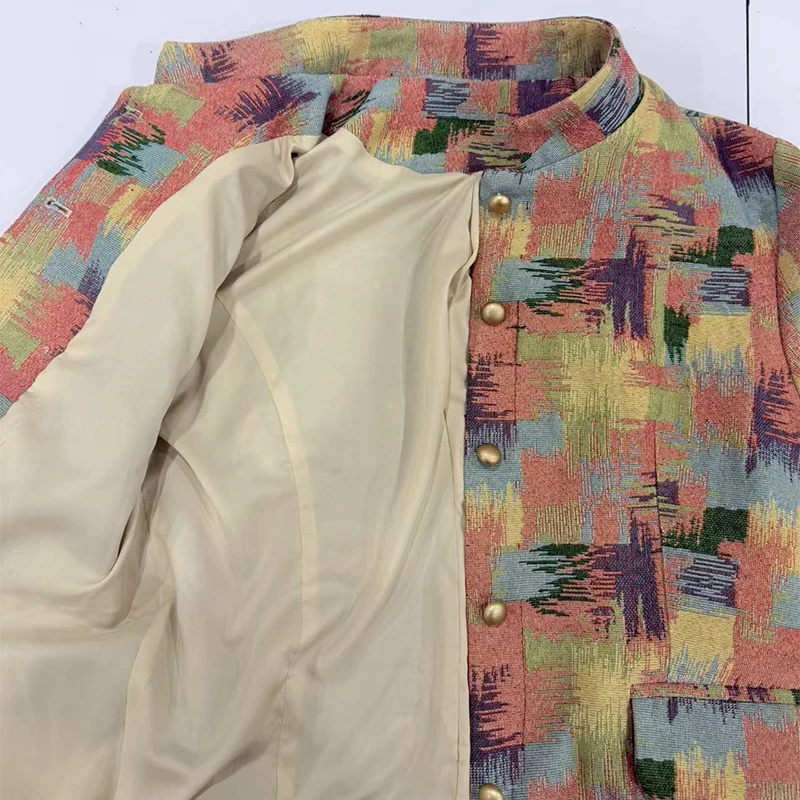 Damen-Crop-Mäntel mit Stehkragen, Jacquard-Muster, langärmelig, Herbst, einreihig, mit Paneelen, schicke neue Oberbekleidung – Detail 7