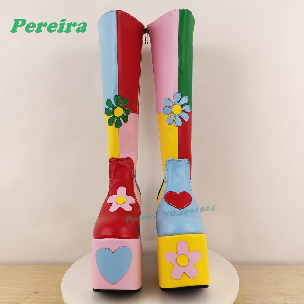 Colorful Patchwork Platform Flower Long Boots Round Toe Chunky Heels Knee High Boots for Women Chunky Heeled Side Zipper Shoes