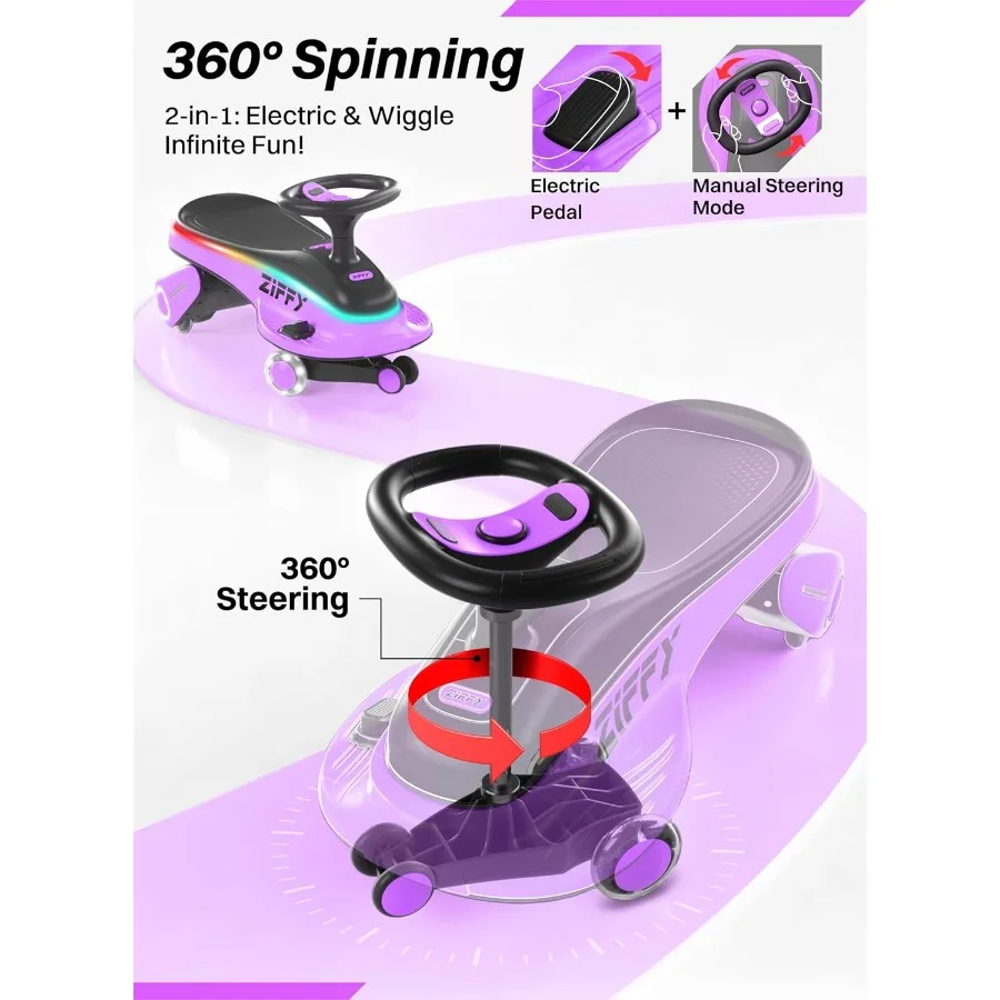 6V 5,5A elektrische wiebelwagen met pedaal, oplichtende, oplaadbare batterij, 2-in-1 schommelauto, 2-speed ritsspeelgoed, anti-rollover, Fl