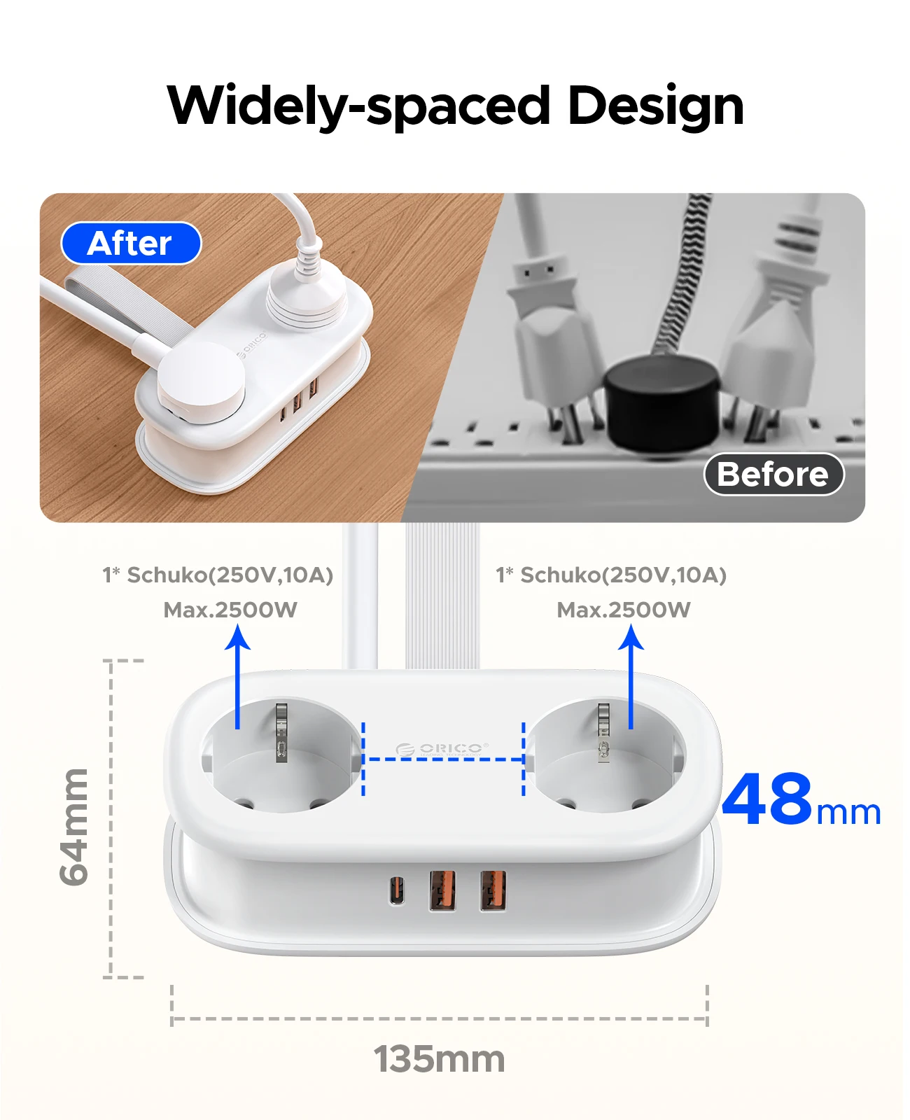 Listwa zasilająca ORICO 20W z wtyczką EU, 2 gniazda AC, 2 USB, 1 port Type-C, przedłużacz 1,53 m, inteligentne gniazdo do domu/na podróż — zdjęcie produktu 5
