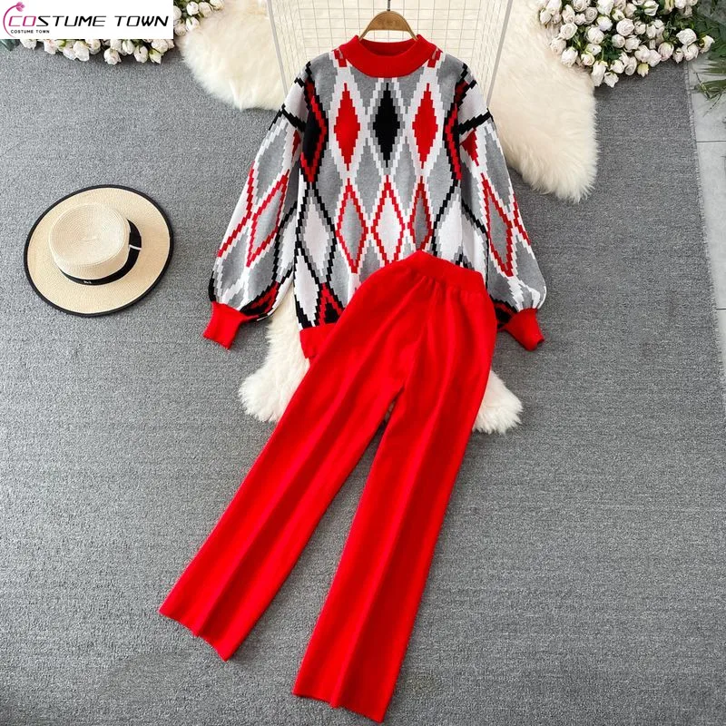 Autumn and winter new women's set loose plaid sweater+high waisted slim fit knitted straight leg wide leg pants two-piece set