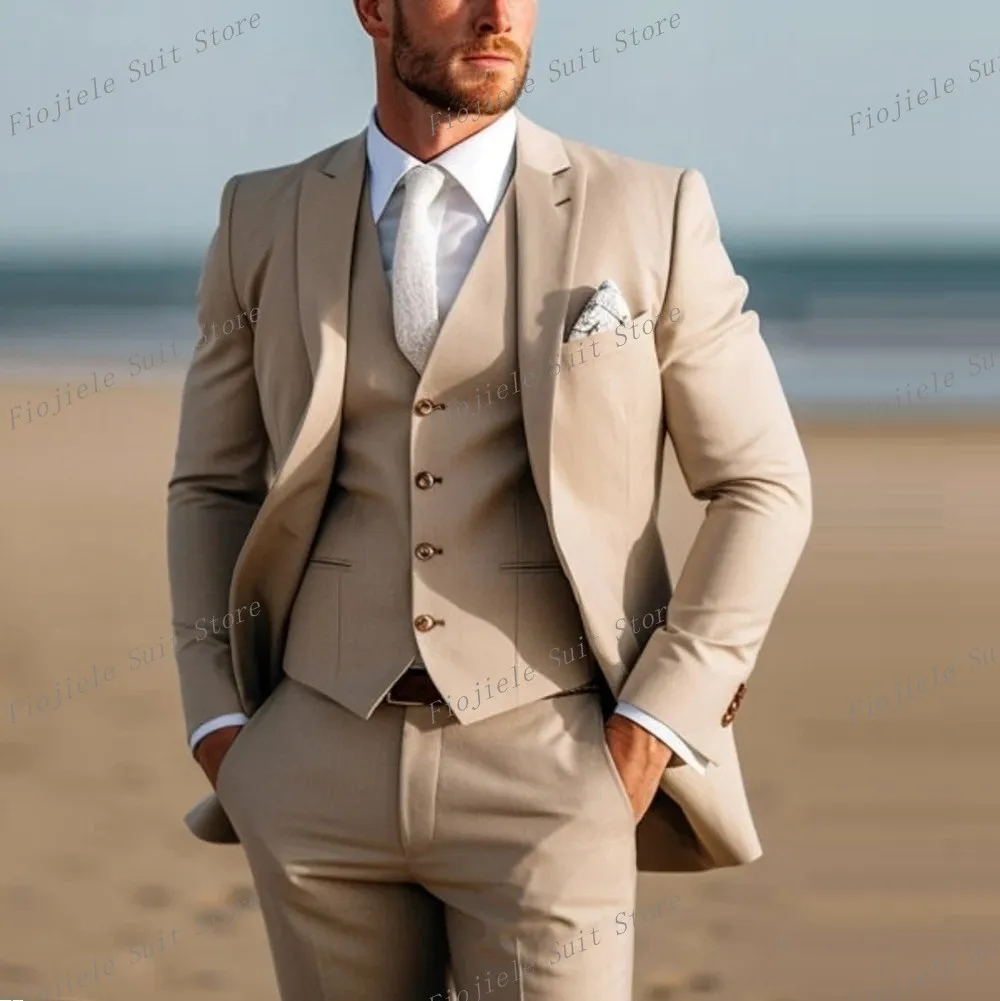 

New Khaki Men Suit Groom Groomsman Wedding Party Prom Formal Occasion Business Male Tuxedos 3 Piece Set Blazer Vest Pants