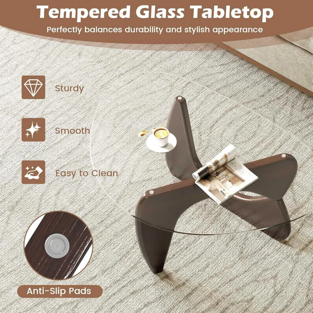 Triangle Glass Coffee Table, Mid-Century Modern Center Table With Tempered Glass Top & Adjustable Rubber Wood Base, Sma